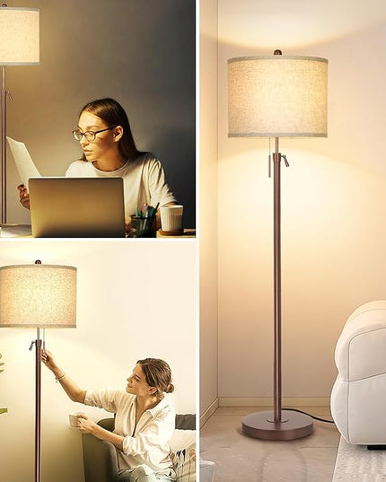 Metal Brown Floor Lamp for Living Room, Adjustable Height Standing Lamp, Pole Light for Bedroom, with Linen Shade and Metal Base, Pull Chain Switch, 3-Way 8W LED Bulb Included - LeafyLoom