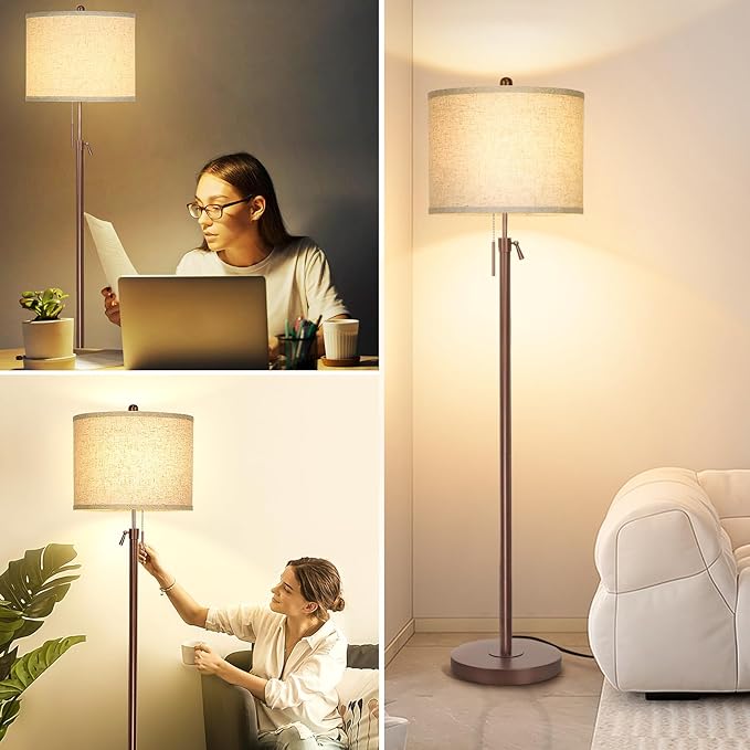 Metal Brown Floor Lamp for Living Room, Adjustable Height Standing Lamp, Pole Light for Bedroom, with Linen Shade and Metal Base, Pull Chain Switch, 3-Way 8W LED Bulb Included - LeafyLoom