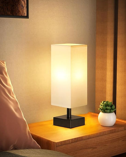 White Small Bedside Lamp for Bedroom - Table Lamps for Nightstand, Minimalist Night Stand Lamp with Square Linen Shade, Desk Reading Lamp for Kids Room Living Room Office with Black Base - LeafyLoom