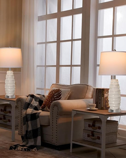 QiMH White Table Lamp Set of 2, 26" Farmhouse Bedside Lamps for Bedroom with USB Port, Modern Ceramic Lamp with White Shade Nightstand Living Room Decor, LED Bulb Included - LeafyLoom