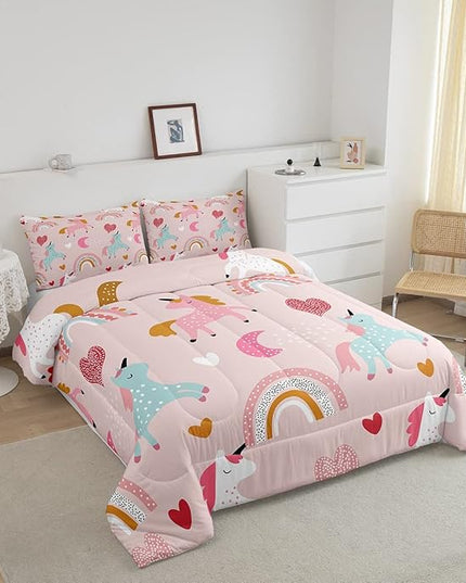 Feelyou Girls Unicorn Comforter Set Full Size Kids Cute Pink Rainbow Horse Decor Comforter for Unicorn Lover Daughter Bedding Set Boho Star Moon Duvet Set (1 Comforter + 2 Pillowcases, Full) - LeafyLoom