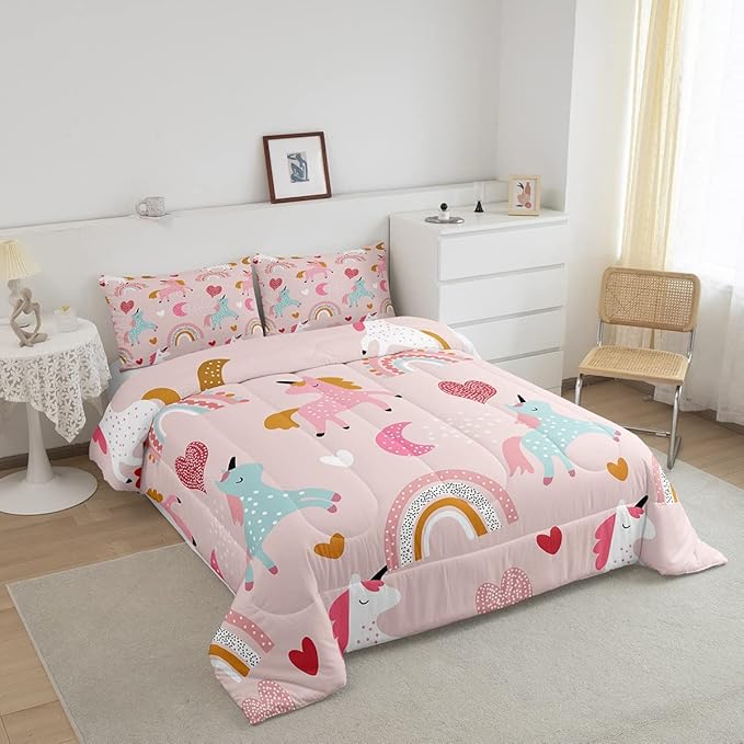 Feelyou Girls Unicorn Comforter Set Full Size Kids Cute Pink Rainbow Horse Decor Comforter for Unicorn Lover Daughter Bedding Set Boho Star Moon Duvet Set (1 Comforter + 2 Pillowcases, Full) - LeafyLoom