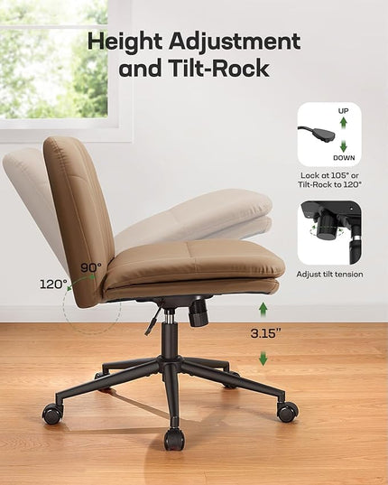 Marsail Armless-Office Desk Chair with Wheels: PU Leather Cross Legged Wide Chair,Comfortable Adjustable Swivel Computer Task Chairs for Home,Office,Make Up,Small Space,Bed Room, Brown - LeafyLoom