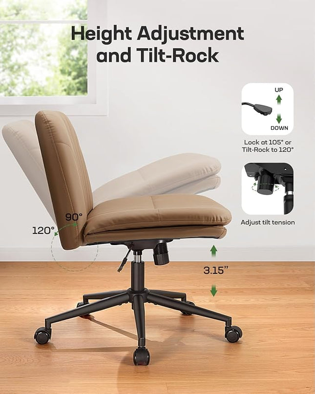 Marsail Armless-Office Desk Chair with Wheels: PU Leather Cross Legged Wide Chair,Comfortable Adjustable Swivel Computer Task Chairs for Home,Office,Make Up,Small Space,Bed Room, Brown - LeafyLoom