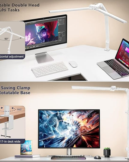 KableRika Desk Lamp,Double Head Desk Lamp with Clamp,24W Led Desk Lights for Home Office Ultra Bright Architect Table Lamp 4 Brightness 4 Color,Auto Dimming Task Lamp for Monitor Work Study White - LeafyLoom