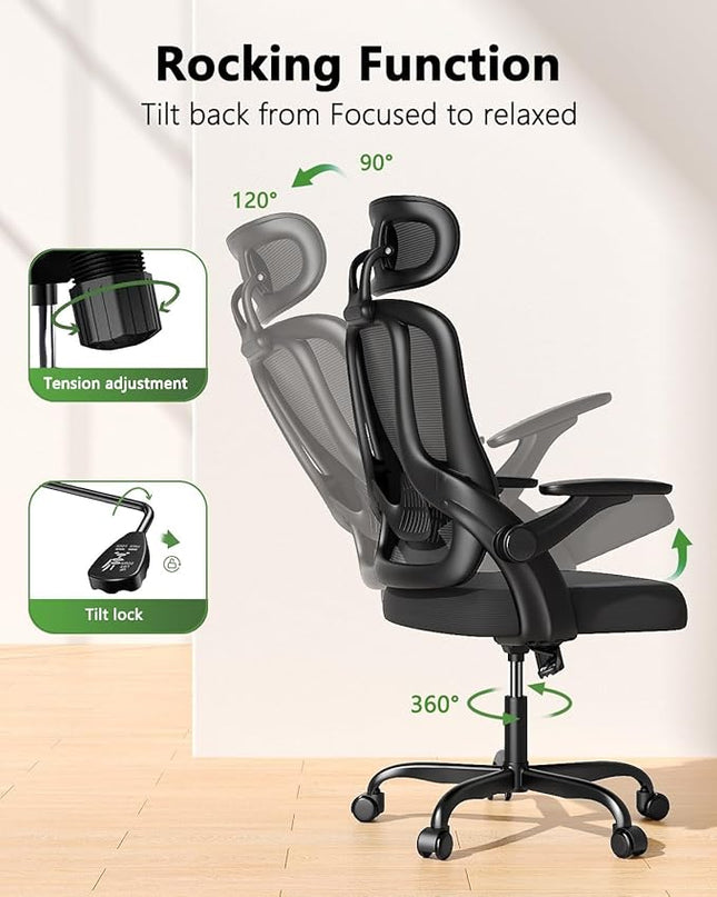 Home Office Chair, High Back Ergonomic Desk Chair with 3D Armrests, Lumbar Support, Mesh Computer Chair with Adjustable Headrest, for Home, Office, Work, Student - LeafyLoom