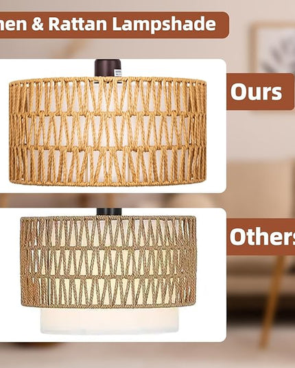 Boho Floor Lamp with Dimmable Bulb, Rattan &Linen Double Shades, Bronze Boho Standing Tall Lamps with Foot Switch, Bohemian Floor Lamps for Living Room, Bedroom, Office - LeafyLoom