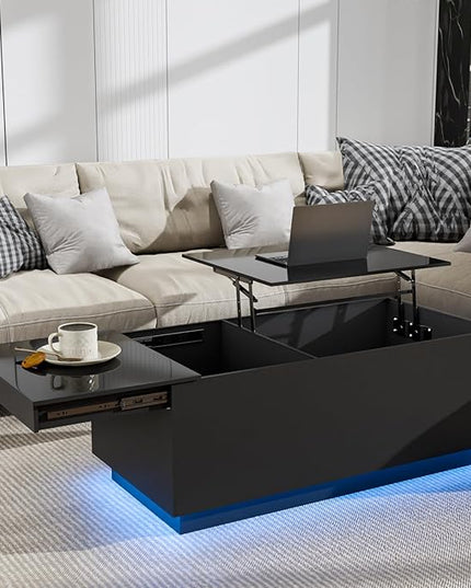 HOMMPA LED Coffee Table for Living Room Lift Top Coffee Tables with Power Outlet Black Morden Center Table with Storage Hidden Compartment High Gloss Lift Tabletop - LeafyLoom