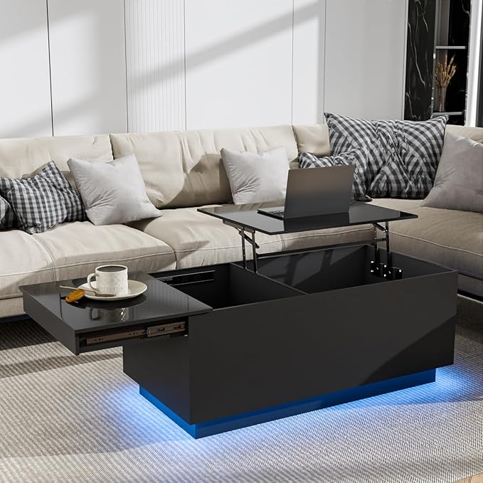 HOMMPA LED Coffee Table for Living Room Lift Top Coffee Tables with Power Outlet Black Morden Center Table with Storage Hidden Compartment High Gloss Lift Tabletop - LeafyLoom