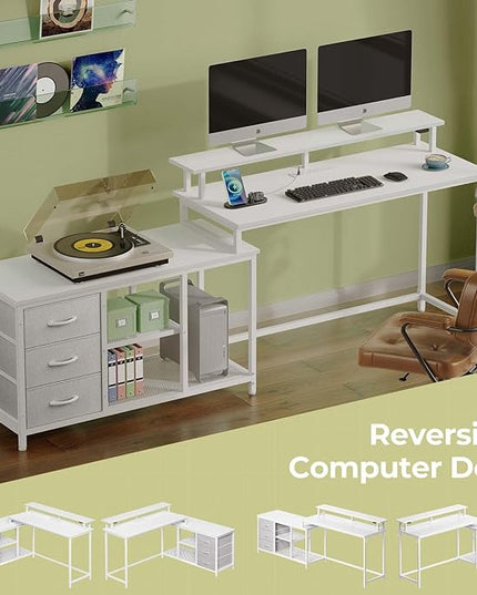 Seventable L Shaped Computer Desk with Drawers, Reversible Gaming Desk with LED Lights & Charging Port, Corner Desk with Storage Shelves & Monitor Stand for Home Office White - LeafyLoom