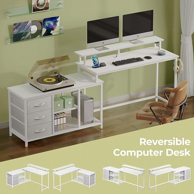 Seventable L Shaped Computer Desk with Drawers, Reversible Gaming Desk with LED Lights & Charging Port, Corner Desk with Storage Shelves & Monitor Stand for Home Office White - LeafyLoom