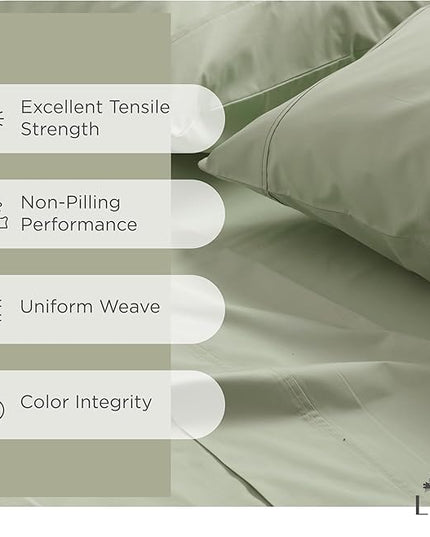 100% Cotton Percale Sheets Twin Size, Sage, Deep Pocket, 3 Pieces Sheet Set - 1 Flat, 1 Deep Pocket Fitted Sheet and 1 Pillowcase, Crisp Cool and Strong Bed Linen - LeafyLoom