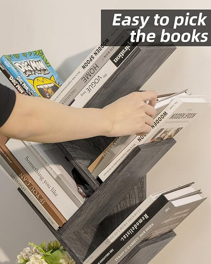 5 Tier Tree Book Shelf, Small Desktop Bookshelf with Storage Organizer, Wood Bookcase, Desk Display Bookshelves, Floor Standing Organizer Bookcases for Living Room,Bedroom,Office - Light Grey - LeafyLoom