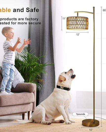 Rattan Floor Lamps for Living Room, Gold Arc Floor Lamp Dimmable with Rattan& Linen Double Shades, Boho Standing Lamp with Remote Control, Tall Lamp for Bedroom, Office - LeafyLoom