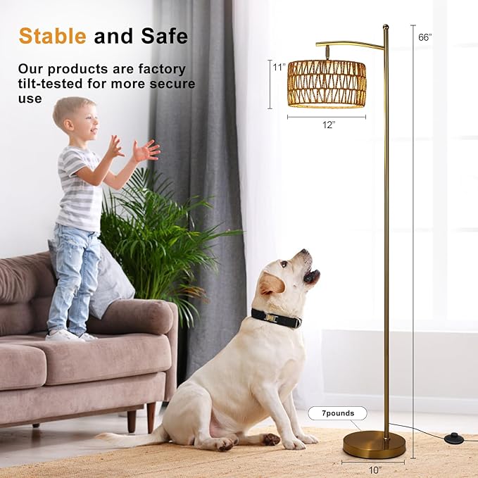 Rattan Floor Lamps for Living Room, Gold Arc Floor Lamp Dimmable with Rattan& Linen Double Shades, Boho Standing Lamp with Remote Control, Tall Lamp for Bedroom, Office - LeafyLoom