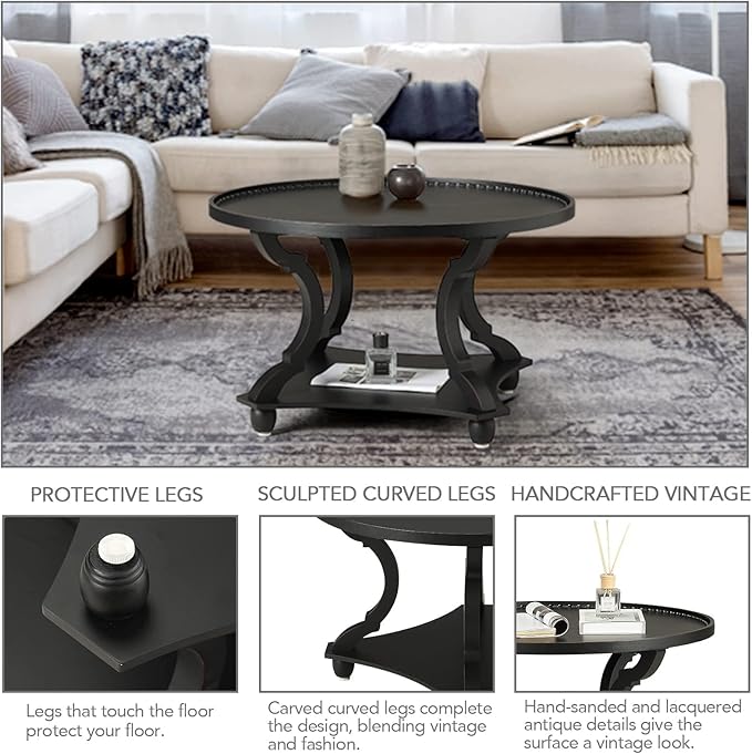 Wnutrees Farmhouse Round Coffee Table,Wood Tray Top Circle Coffee Table with Storage Shelf Rustic Style for Living Room and Vintage Finish,Black - LeafyLoom