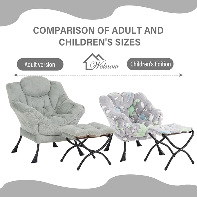 Welnow Toddler Kids Lazy Chair with Ottoman, Glow in The Dark Accent Comfy Lounge Children Armchair Couch with Removable Cover, Detachable Reading Chair with Footrest for Boy or Girl, Grey Dinosaur - LeafyLoom