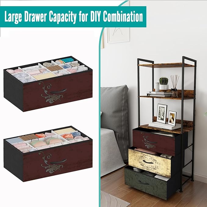 Vertical Bookshelf with 3 Drawers, Narrow Bookcase with Shelves, Wood Storage Organizer Cabinet, Metal Frame Display Standing Shelf Unit for Bedroom, Kitchen, Office - LeafyLoom