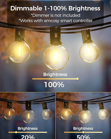 XMCOSY+ Outdoor String Lights 50Ft Dimmable G40 Globe Patio Lights with 25+2 Shatterproof LED Bulbs, Hanging Waterproof Outdoor Lights for Patio, Porch, Yard, Bistro, Café, Outside XMcosy