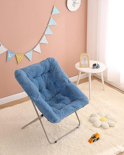 Tiita Comfy Saucer Chair, Soft Faux Fur Oversized Folding Accent Chair, Lounge Lazy Chair for Kids Teens Adults, Metal Frame Moon Chair for Bedroom, Living Room, Dorm Rooms, X-Large, Blue - LeafyLoom