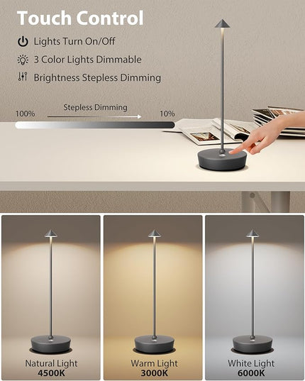 Cordless Table Lamps Rechargeable, 6000mAh Battery Operated LED Desk Lamp Outdoor Waterproof Portable Touch Dimmable Table Light for Patio Restaurant Dining Home Set of 2 Grey - LeafyLoom