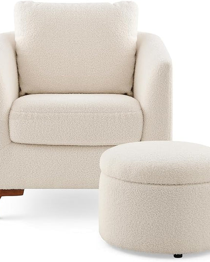 COLAMY Sherpa Accent Chair with Storage Ottoman Set, Upholstered Barrel Arm Chair with Footrest, Modern Living Room Chair with Back Pillow, Cream - LeafyLoom