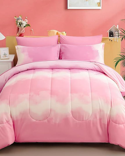 Dinjoy Girls Comforter Set Twin Size Colorful Rainbow Ombre Pink Bedding Set Gradient Soft Lightweight 6 Pieces Bed in A Bag for Kids Teen Women(1 Comforter, 1 Flat Sheet, 1 Fitted Sheet) - LeafyLoom