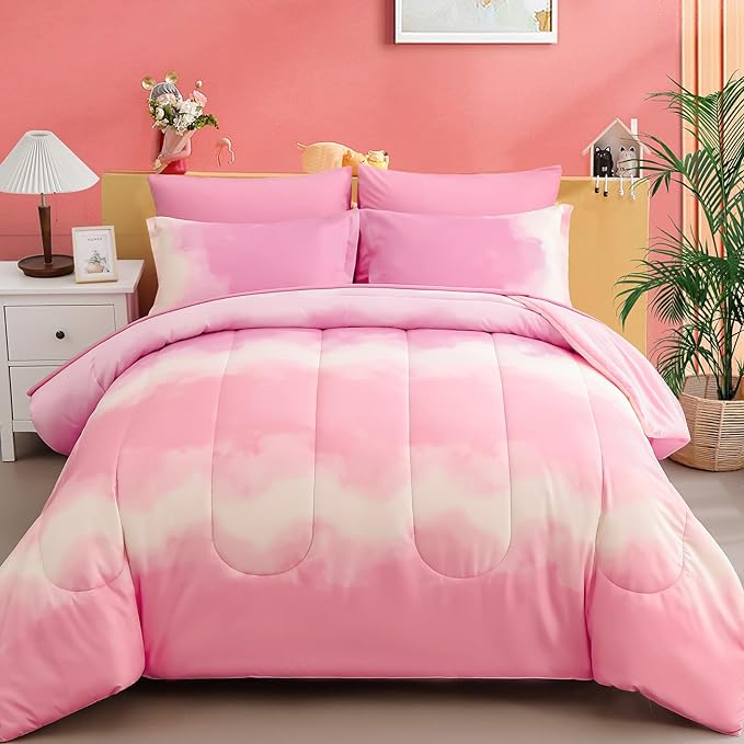 Dinjoy Girls Comforter Set Queen Size Colorful Rainbow Ombre Pink Bedding Set Gradient Soft Lightweight 7 Pieces Bed in A Bag for Kids Teen Women(1 Comforter, 1 Flat Sheet, 1 Fitted Sheet) - LeafyLoom