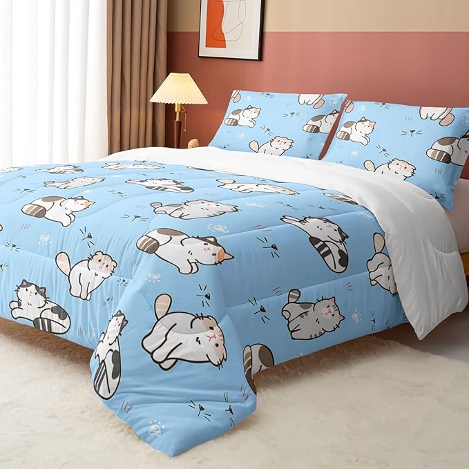 Datura home Blue Kawaii Cat Comforter Bedding Set for Girls Lovely Kitten Print Cute Animal Pattern with 1 and 2 Pillowcases Bedroom All Season(Cat Full), Full 80x90inches - LeafyLoom