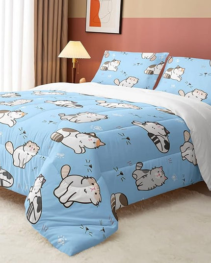 Datura home Blue Kawaii Cat Comforter Bedding Set for Girls Lovely Kitten Blue Print Cute Animal Pattern Bedding Set with 1 Comforter and 2 Pillowcases for Girls Bedroom All Season(Cat Blue Twin) - LeafyLoom