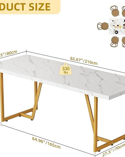 DWVO 82.6'' Large Modern Dining Table for 8-10 People, Rectangular White Kitchen Dining Room Table with Faux Marble Tabletop and Geometric Gold Metal Legs, Wood Dinner Tables for Family Gathering - LeafyLoom