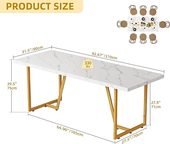 DWVO 82.6'' Large Modern Dining Table for 8-10 People, Rectangular White Kitchen Dining Room Table with Faux Marble Tabletop and Geometric Gold Metal Legs, Wood Dinner Tables for Family Gathering - LeafyLoom
