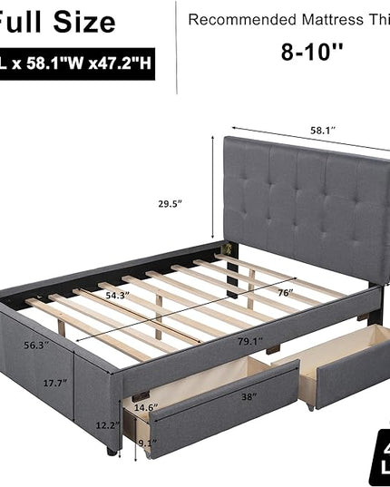 Bellemave Full Size Bed Frame with 2 Storage Drawers,Linen Upholstered Platform Bed Frame with Headboard for Kids,Adults,No Box Spring Needed,Gray - LeafyLoom