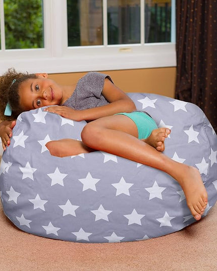 Posh Creations Bean Bag Chair for Kids, Teens, and Adults Includes Removable and Machine Washable Cover, Canvas White Stars on Gray, 38in - Large - LeafyLoom