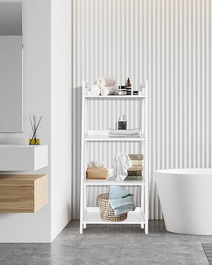 ECOMEX 4-Tier Ladder Shelf, Solid Pine Frame, 20 lbs Capacity per Partition, Modern Style, Home Office, Bedroom (White) - LeafyLoom