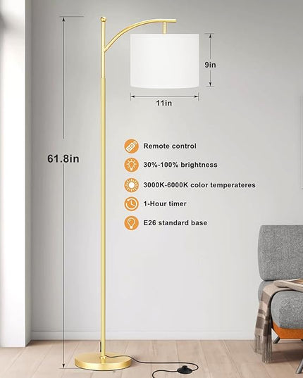 Ambimall Floor Lamp with Remote Control and Stepless Dimmable Bulb, Colors Temperature & Brightness Adjustable, Modern Floor Lamps for Living Room（White Shade & Gold Pole） - LeafyLoom