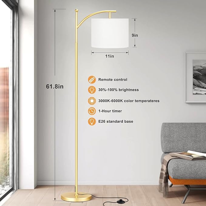 Ambimall Floor Lamp with Remote Control and Stepless Dimmable Bulb, Colors Temperature & Brightness Adjustable, Modern Floor Lamps for Living Room（White Shade & Gold Pole） - LeafyLoom
