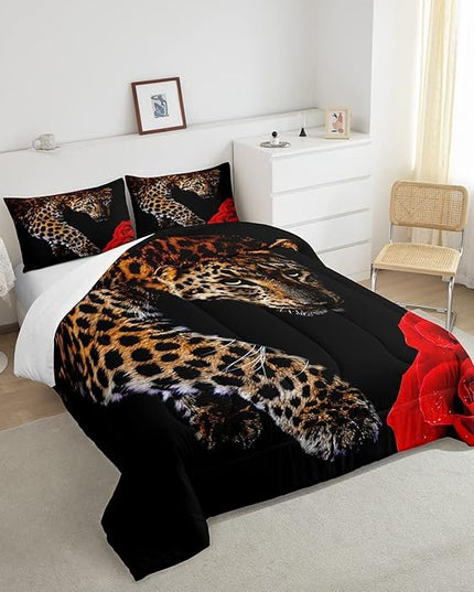 Erosebridal Leopard Comforter Set King Size,Red Rose Cheetah Bedding Set,Cat Leopard Print Down Comforter, Romantic Floral Quilted Duvet, Safari Animal Quilt Set, Stylish Bedroom Decor, Black - LeafyLoom