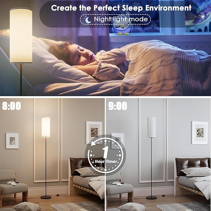 Floor Lamp for Living Room, Modern Standing lamp with Remote Control, Stepless Dimmable 12W Bulb & Beige Lampshade Included, Black Pole Tall Floor Lamp for Bedroom Office - LeafyLoom