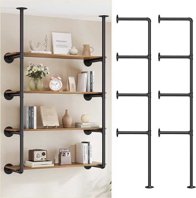 Pynsseu Industrial Iron Pipe Shelf Wall Mount, Farmhouse DIY Open Bookshelf, Pipe Shelves for Kitchen Bathroom, bookcases Living Room Storage, 2Pack of 4 Tier - LeafyLoom