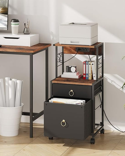 HOOBRO 2-Drawer File Cabinet, Filing Cabinet with Charging Station, Vertical Office Cabinet with Open Storage Shelf, Printer Stand, A4/Letter Size, Nonwovens Drawer, Rustic Brown and Black BFK23UWJ01 - LeafyLoom