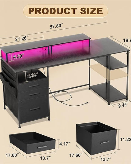 Computer Desk with 3 File Cabinet Drawers, 57.8'' Reversible Gaming Desk with LED Lights and Power Outlets, Office Desk with Storage Shelves and Dual Monitor Stand for Home & Office (Black) - LeafyLoom