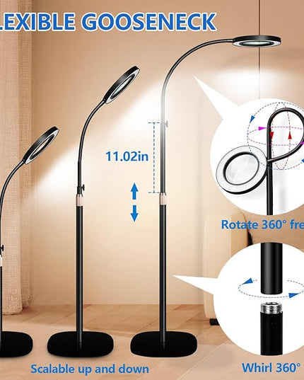 HITTI 10X Magnifying Glass with Light and Clamp, Hands Free Magnifying Floor Lamp with Flexible Gooseneck, 3 Color Stepless Dimmable LED Lighted Magnifier Light Stand for Esthetician Craft Close Works - LeafyLoom
