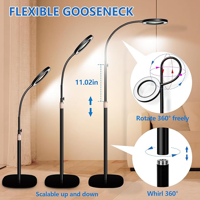 HITTI 10X Magnifying Glass with Light and Clamp, Hands Free Magnifying Floor Lamp with Flexible Gooseneck, 3 Color Stepless Dimmable LED Lighted Magnifier Light Stand for Esthetician Craft Close Works - LeafyLoom