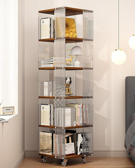 5-Tier Acrylic Book Shelf with Wheels, Mobile Tall Bookcase, Modern Unique Bookshelf Tower, Visible Display Shelf, 360° Rotating Bookshelf Organizer for Home Office Living Room, Walnut - LeafyLoom