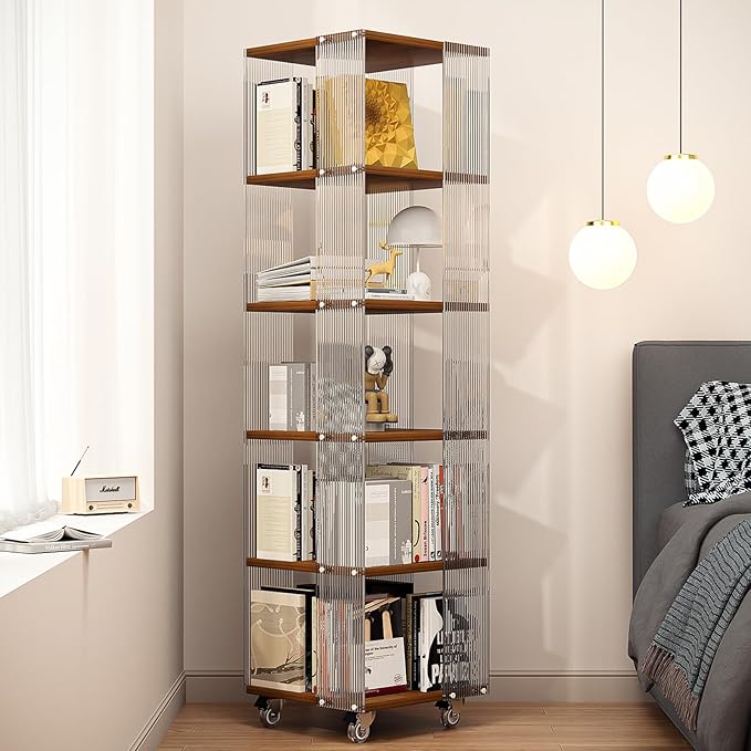 5-Tier Acrylic Book Shelf with Wheels, Mobile Tall Bookcase, Modern Unique Bookshelf Tower, Visible Display Shelf, 360° Rotating Bookshelf Organizer for Home Office Living Room, Walnut - LeafyLoom