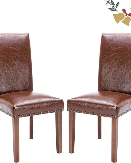Parsons Dining Chairs Set of 2, Upholstered Nailhead PU Leather Dining Room Kitchen Side Chair with Thick Cushions and Wood Legs, Light Brown - LeafyLoom