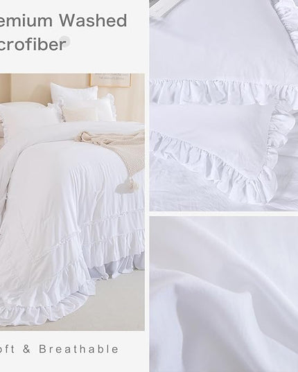 Oversized King Comforter 128x120,White Shabby Boho Chic Farmhouse Bedding Comforter with Ruffles,3 Pieces Vintage Lightweight and Soft French Country Bedding Set - LeafyLoom