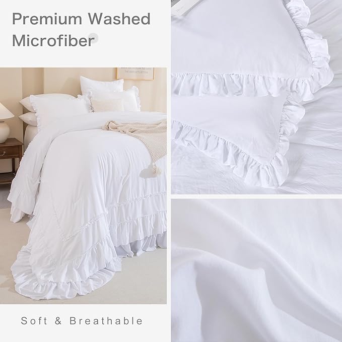 Oversized King Comforter 128x120,White Shabby Boho Chic Farmhouse Bedding Comforter with Ruffles,3 Pieces Vintage Lightweight and Soft French Country Bedding Set - LeafyLoom