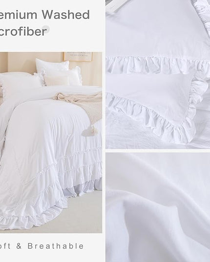 White Oversized King Comforter Set 120x120,Farmhouse Shabby Boho Chic Ruffle California King Bed Comforter Set French Country Rustic Bedding 3PCS (1 Ruffled Comforter+2 Pillow Shams) - LeafyLoom